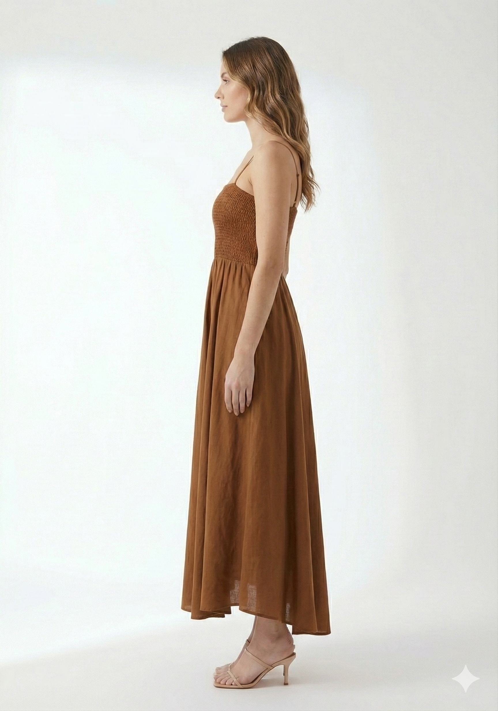 Women’s Rayon Brown Smocked Bobbin Gown with Spaghetti Strap