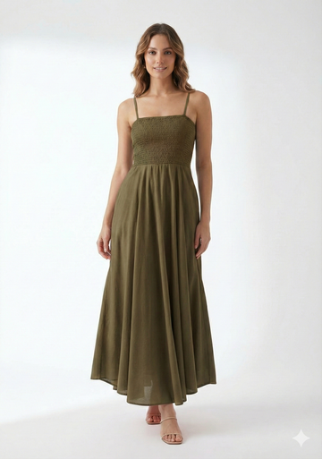 Women’s Rayon Mehandi Smocked Bobbin Gown with Spaghetti Strap