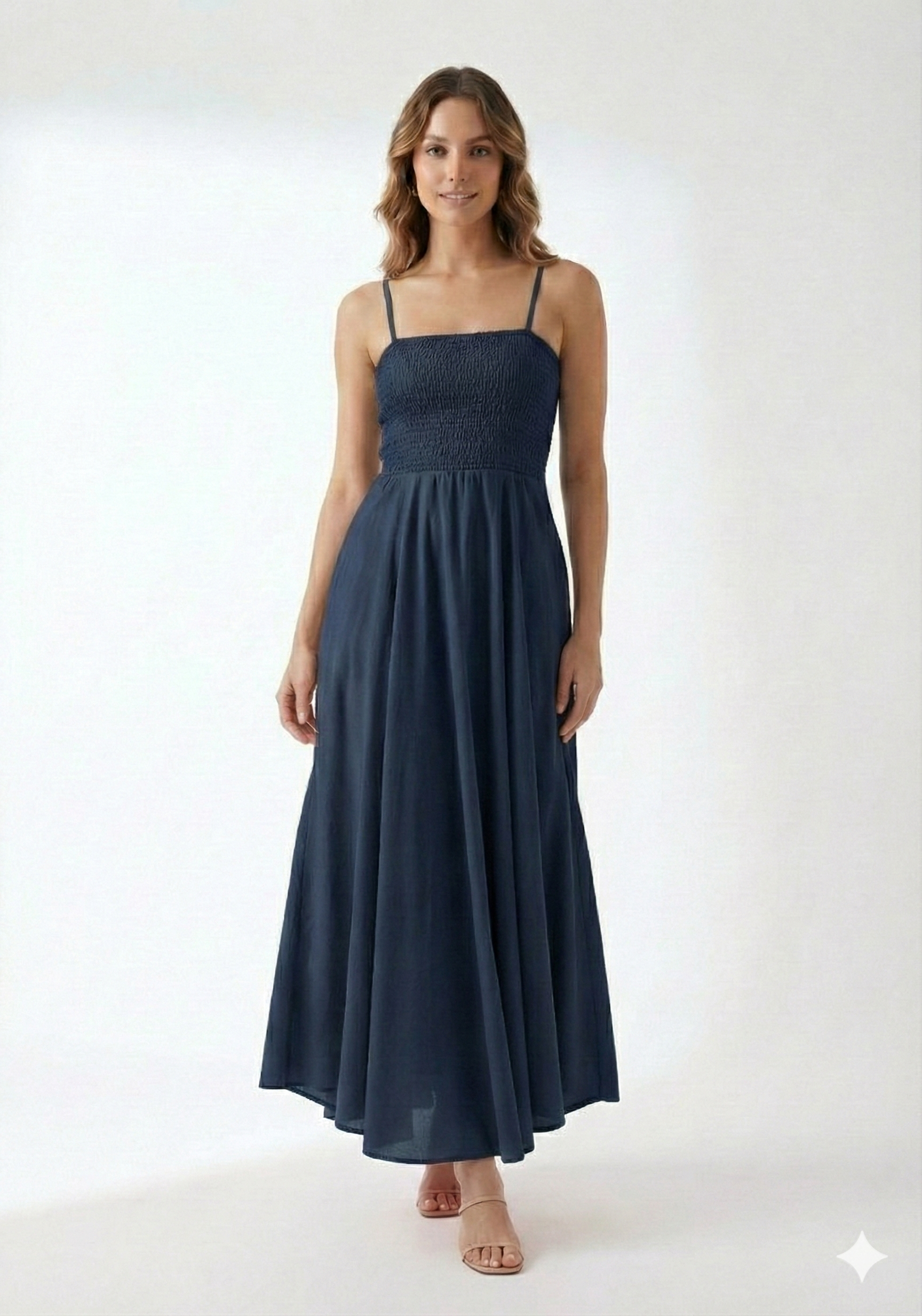 Women’s Rayon Navy Blue Smocked Bobbin Gown with Spaghetti Strap