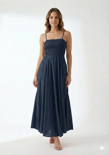 Women’s Rayon Navy Blue Smocked Bobbin Gown with Spaghetti Strap