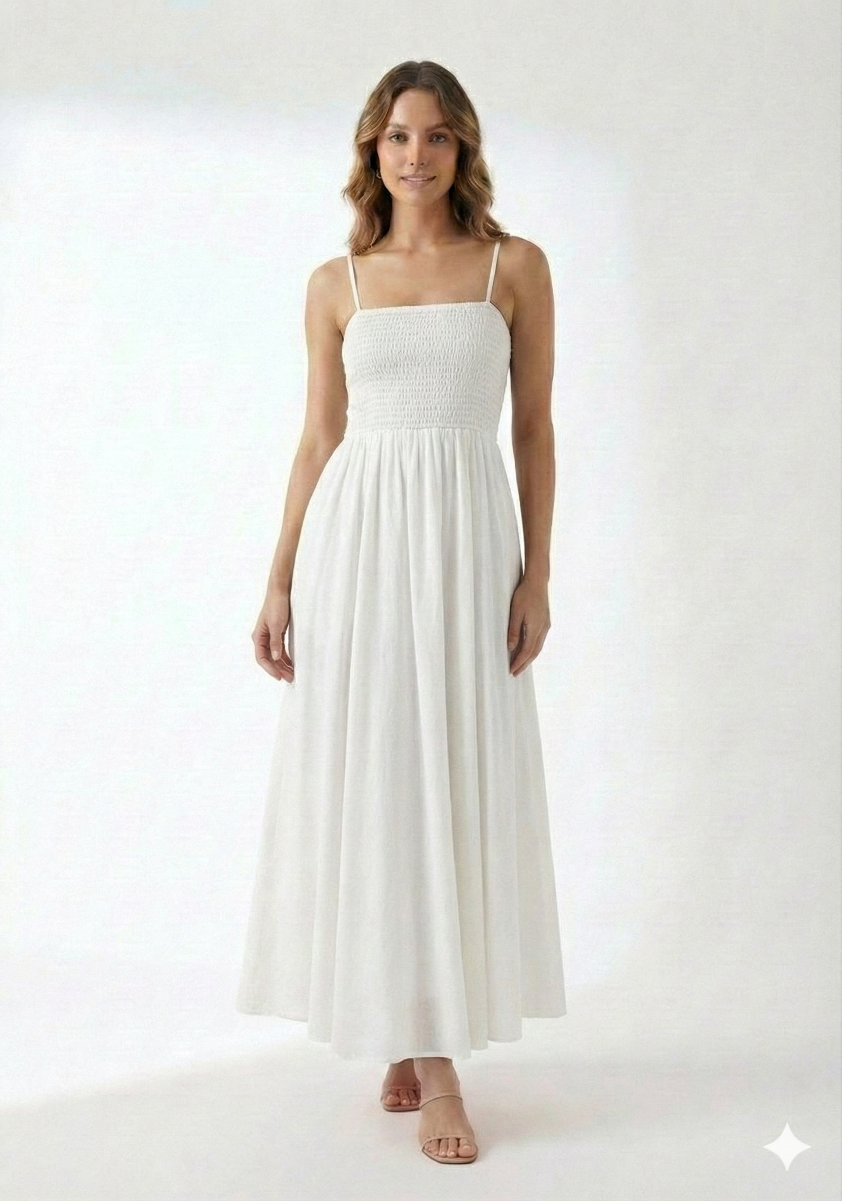 Women’s Rayon White Smocked Bobbin Gown with Spaghetti Strap