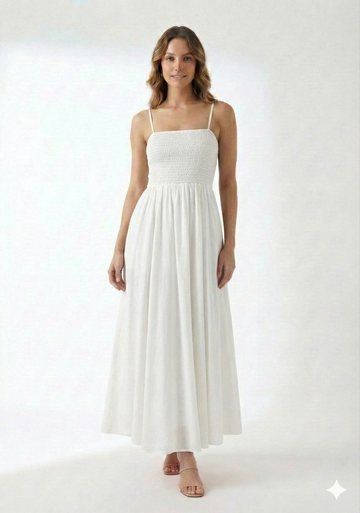 Women’s Rayon White Smocked Bobbin Gown with Spaghetti Strap