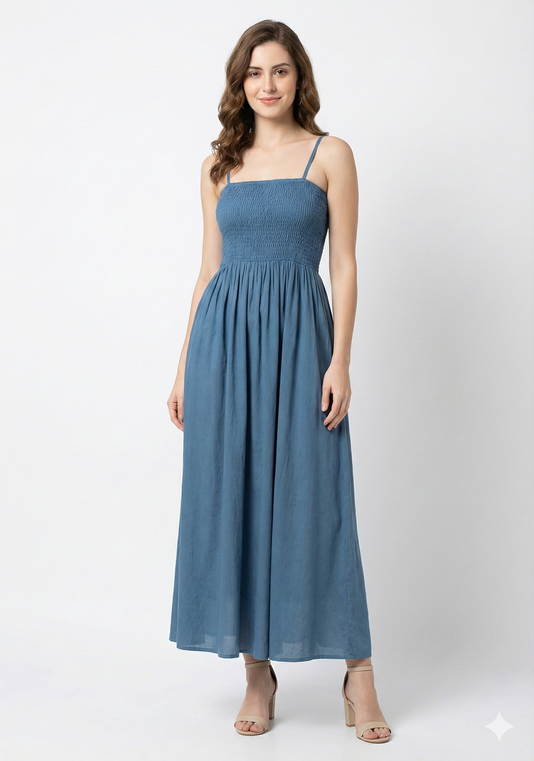 Dusty Blue Smocked Rayon Maxi Dress