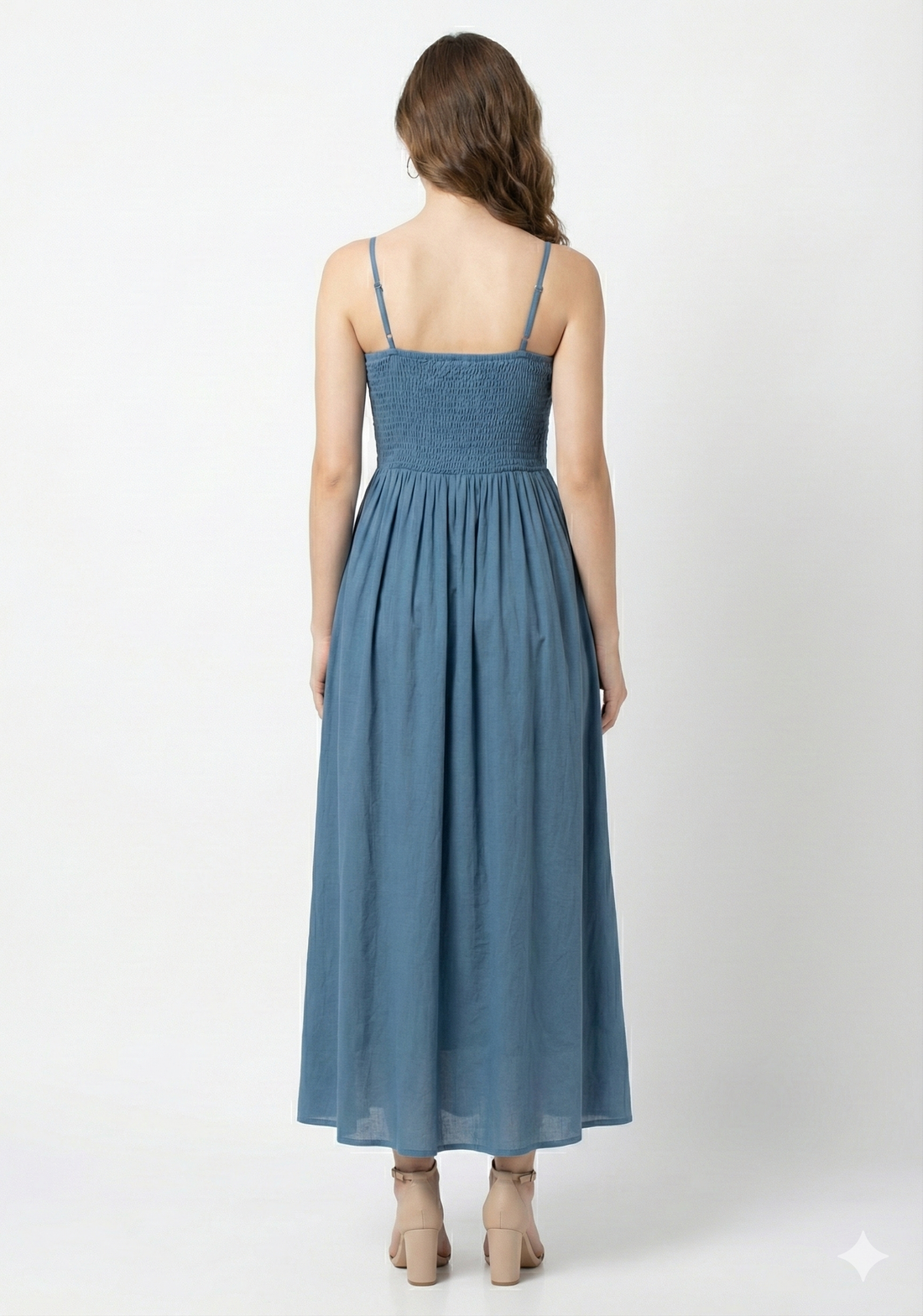Dusty Blue Smocked Rayon Maxi Dress