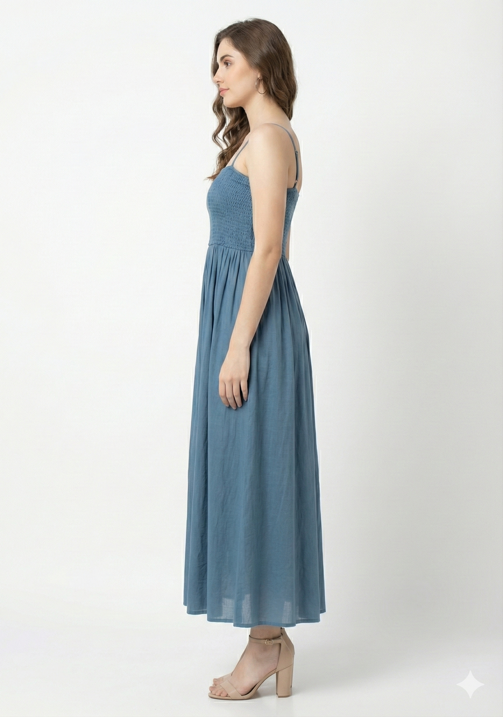 Dusty Blue Smocked Rayon Maxi Dress
