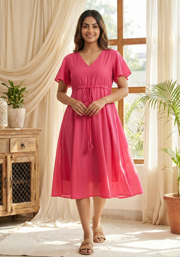 Women’s Dark Pink Chanderi Umbrella Style A-Line Dress with Drawstring Waist