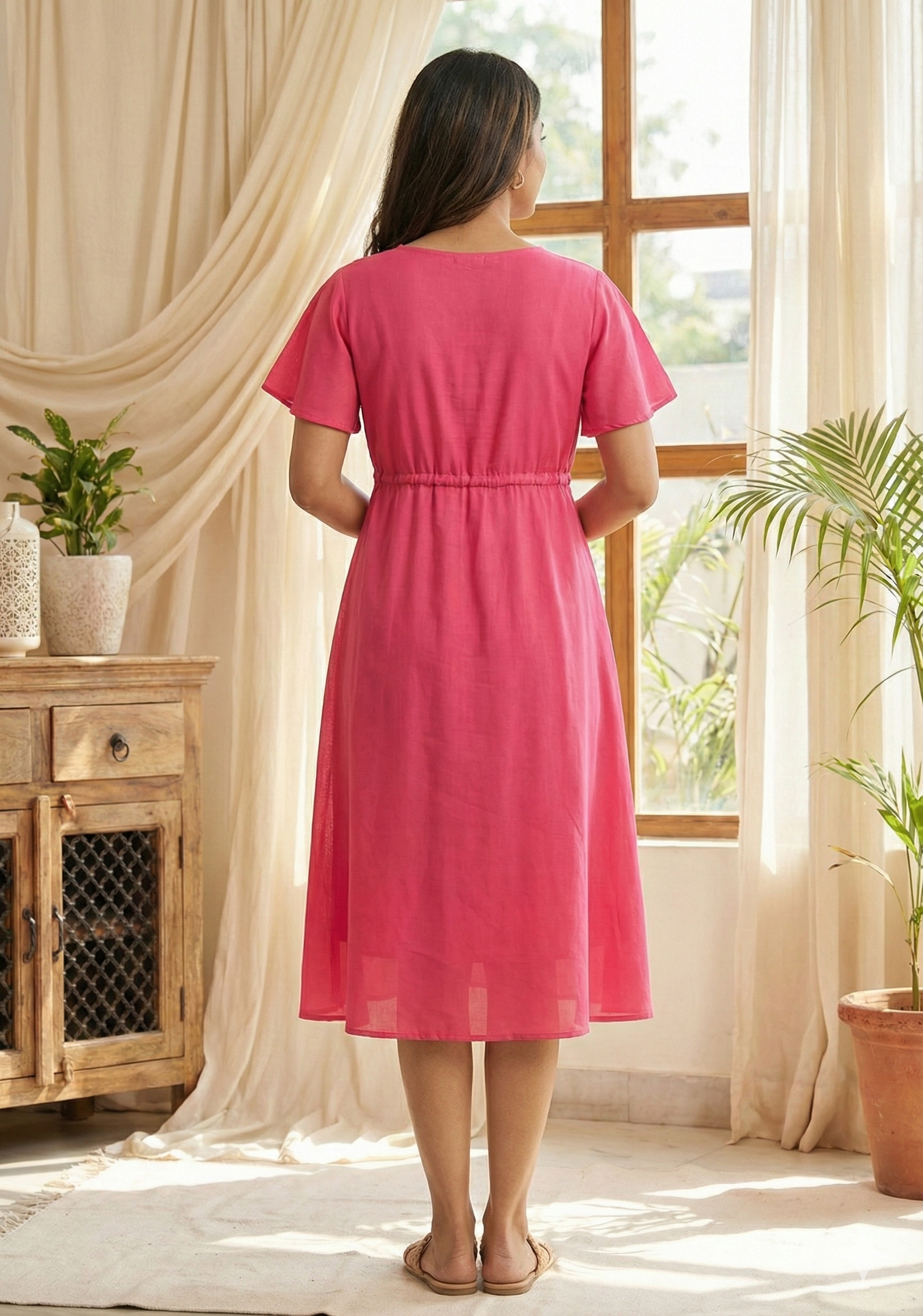 Women’s Dark Pink Chanderi Umbrella Style A-Line Dress with Drawstring Waist