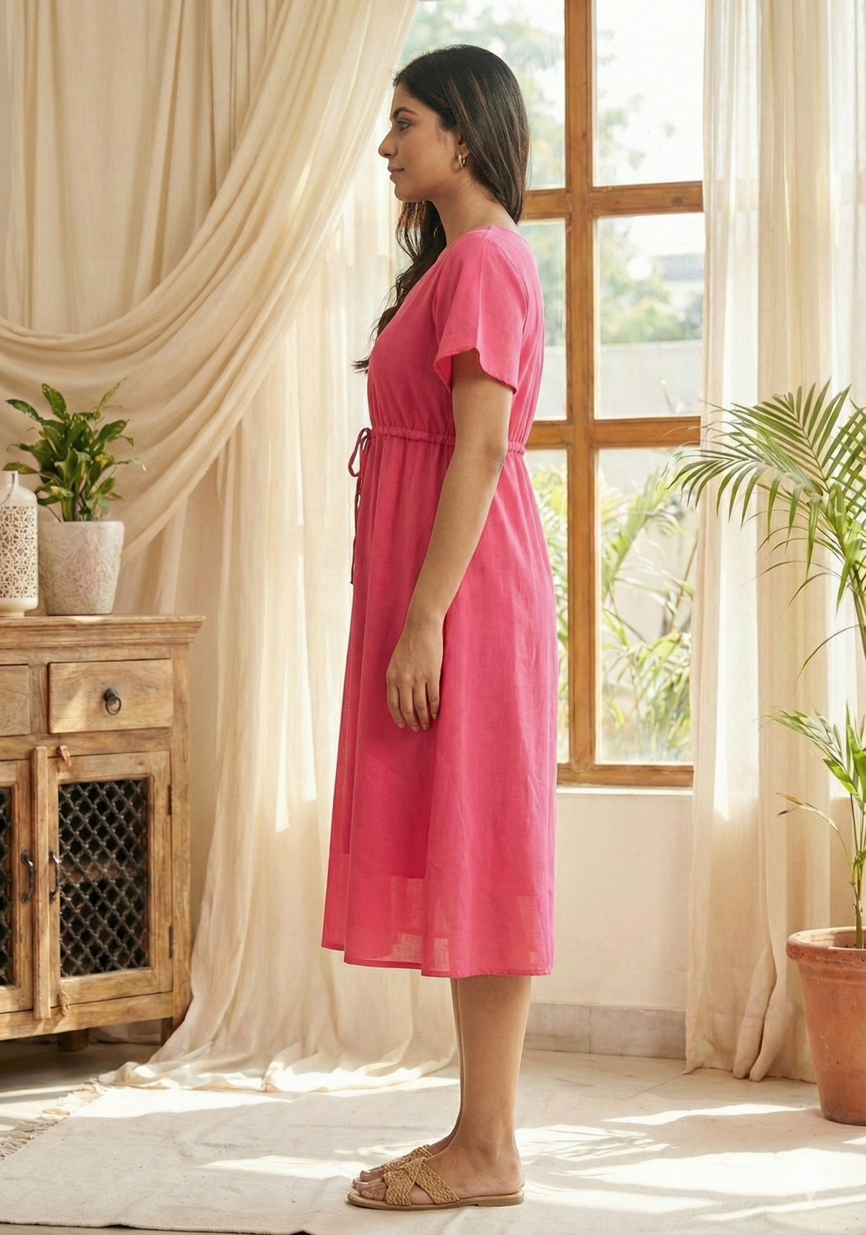 Women’s Dark Pink Chanderi Umbrella Style A-Line Dress with Drawstring Waist