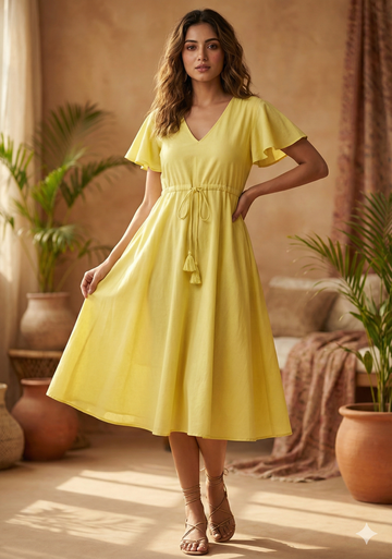 Women’s Yellow Chanderi Umbrella Style A-Line Dress with Drawstring Waist