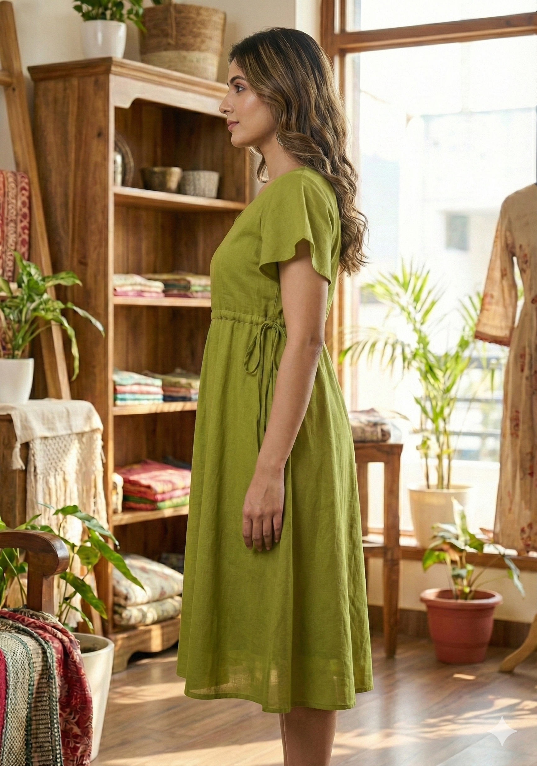 Women’s Green Chanderi Umbrella Style A-Line Dress with Drawstring Waist