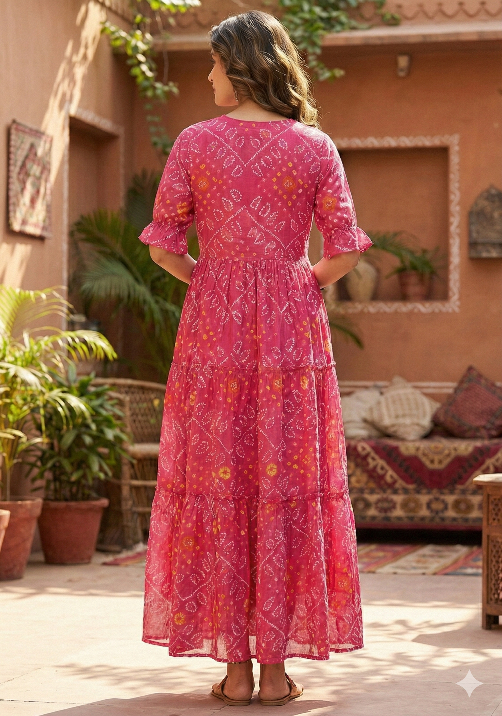 Women's Pink Bandhani Printed Georgette Maxi Dress