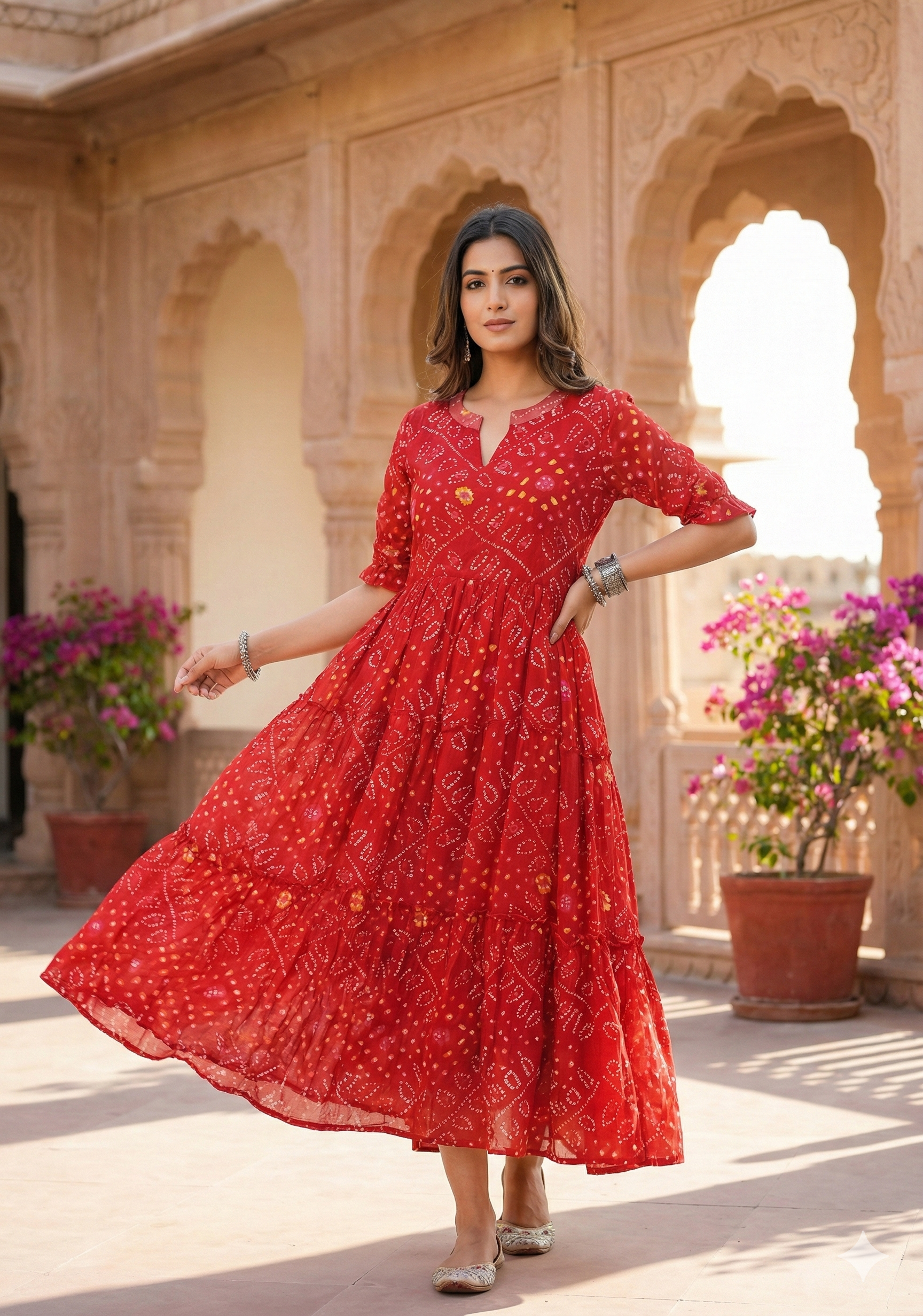 Women's Red Bandhani Printed Georgette Maxi Dress
