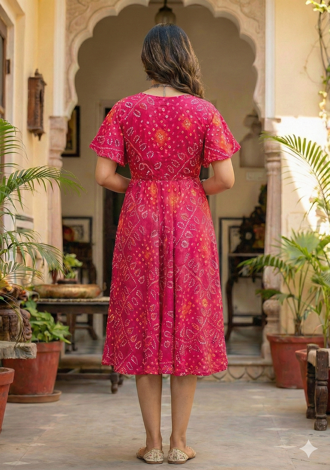 Women's Pink Bandhani Printed Georgette Umbrella Style Midi Dress