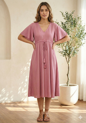 Women’s Spring Onion Rayon Umbrella Style A-Line Dress with Drawstring Waist
