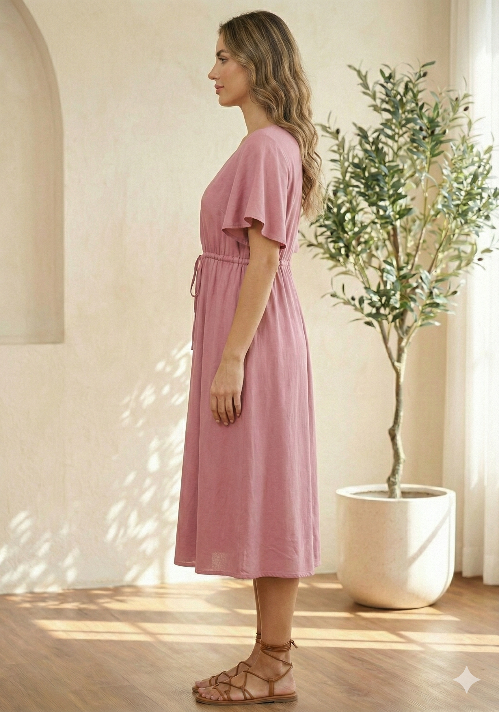 Women’s Spring Onion Rayon Umbrella Style A-Line Dress with Drawstring Waist