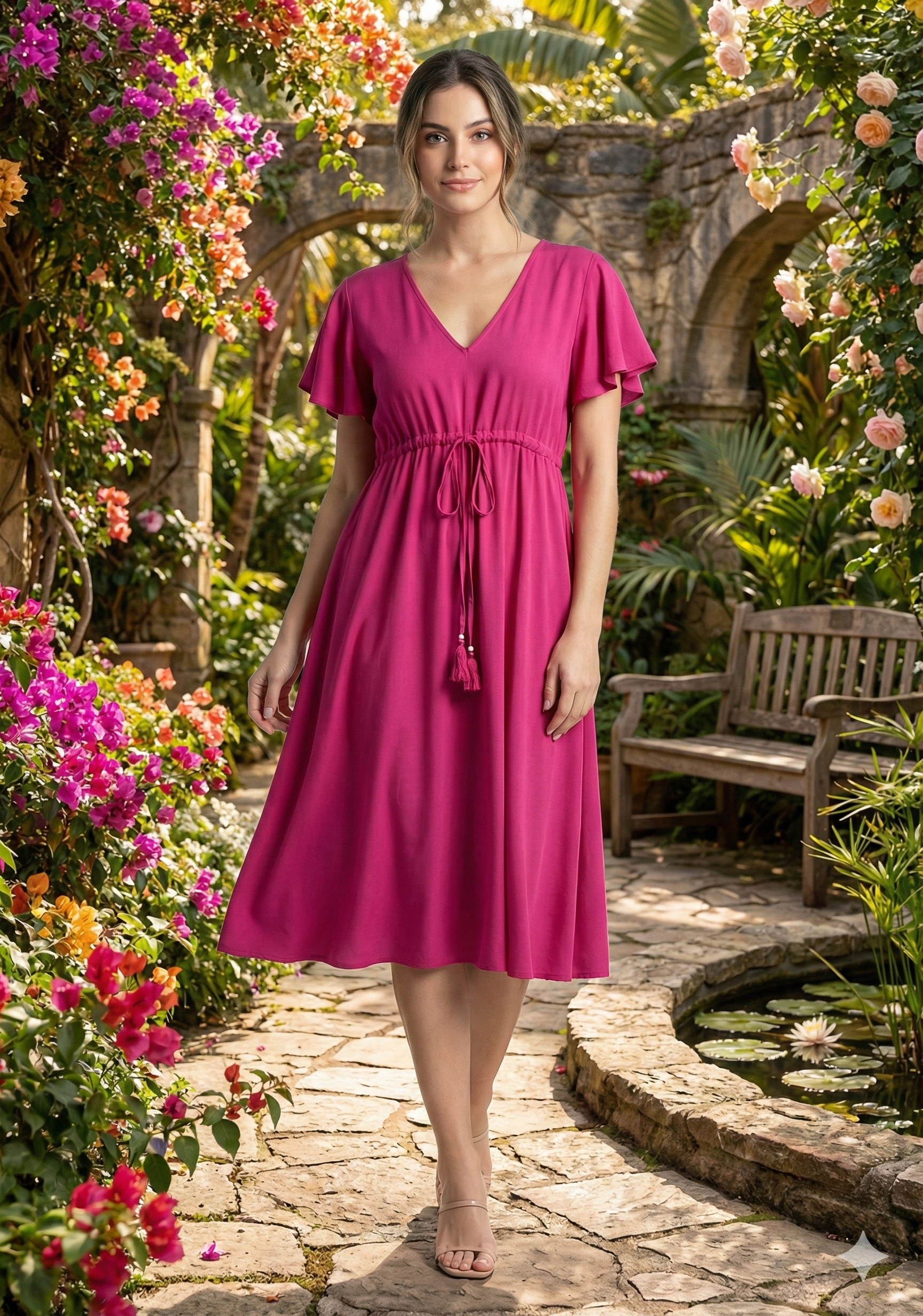 Women’s Dark Pink Rayon Umbrella Style A-Line Dress with Drawstring Waist