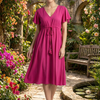 Women’s Dark Pink Rayon Umbrella Style A-Line Dress with Drawstring Waist