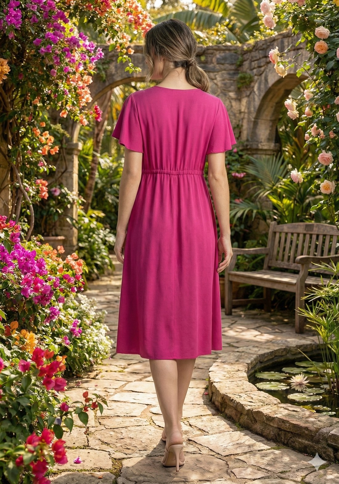 Women’s Dark Pink Rayon Umbrella Style A-Line Dress with Drawstring Waist