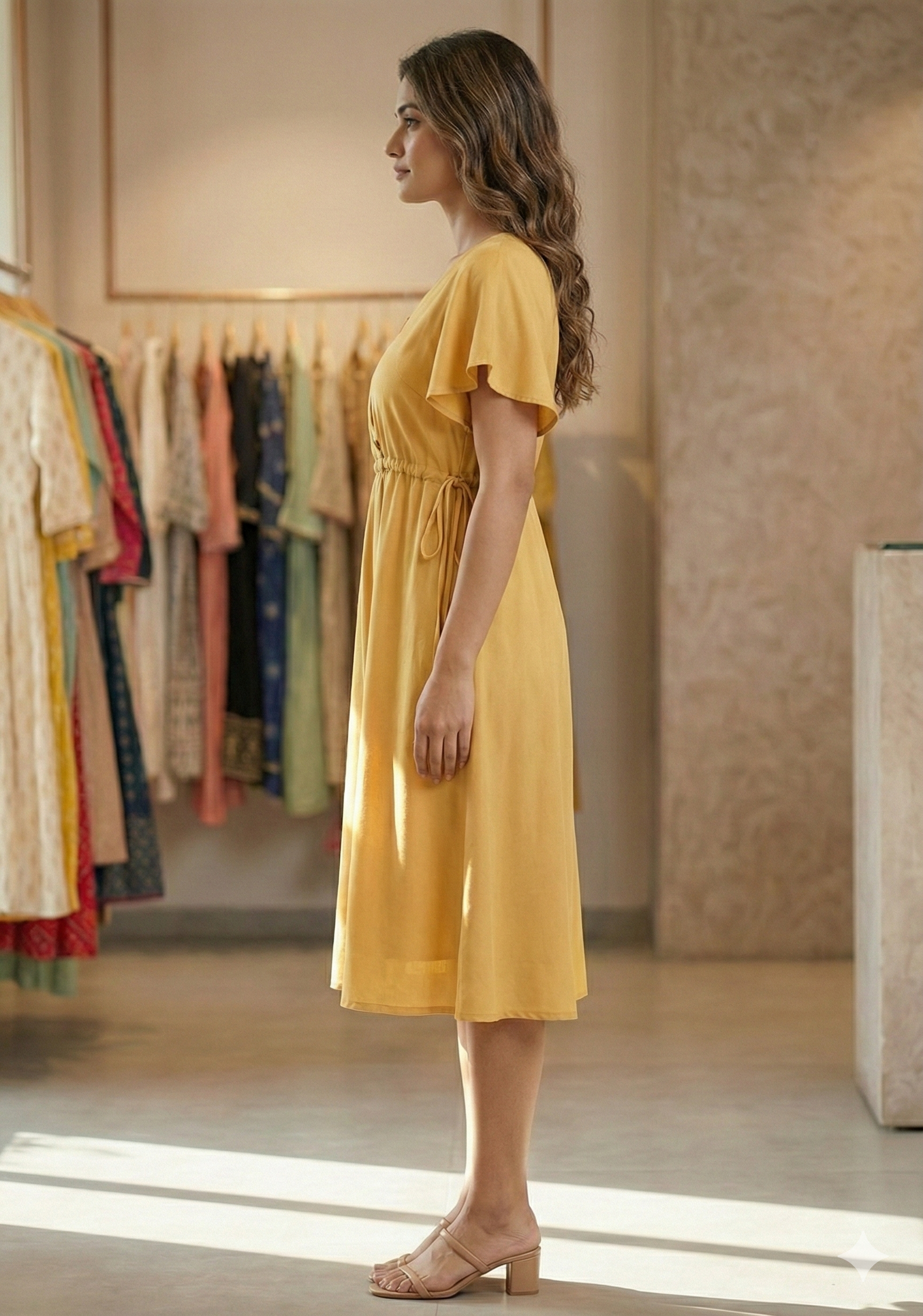Women’s Mustard Rayon Umbrella Style A-Line Dress with Drawstring Waist