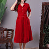 Aawari Red Velvet Shirt Style Midi Dress with Belt - Midi Dresses / Western Wear / Dresses
