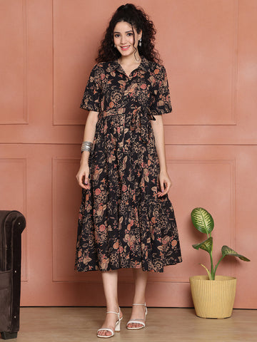 Aawari Black Floral Print Shirt Dresses With Waist Tie-Up / Western Wear