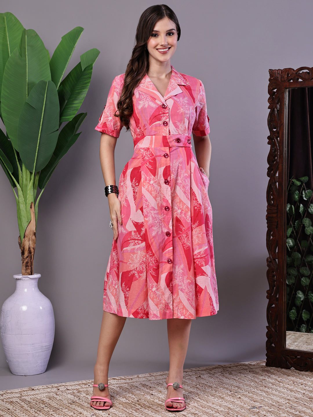 Aawari Pink Printed Cotton Midi Shirt Dress