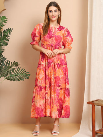 Aawari Peach  & Pink Tropical Print Cotton Maxi Dress - Dresses / Western Wear / Maxi Dresses