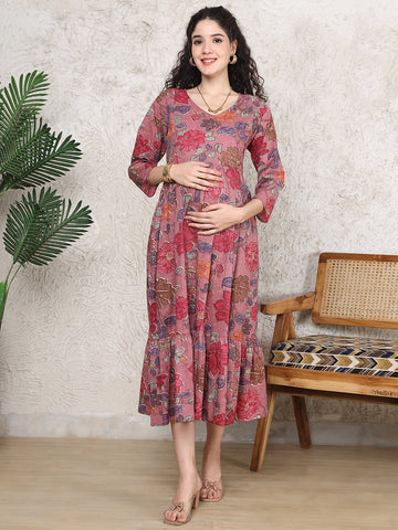 Aawari Dusty Rose Pink Floral Print Cotton Maternity Dresses with 3/4 Sleeves