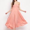 Peach Solid Smocked Flared Rayon Maxi Dress for Women -  Western Wear