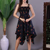 Aawari Navy Printed Smocked Asymmetrical Hem A-Line Dress - Midi Dresses / Western Wear