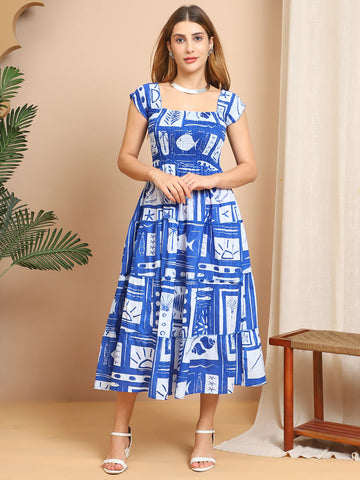 Aawari Oceanic Blue Abstract Printed Cotton Dresses / Maxi Dresses / Western Wear