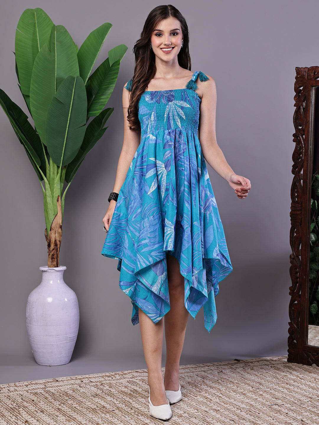 Aawari Blue Printed Asymmetrical Hem Smocked A-Line Dress -  Midi Dresses / Western Wear