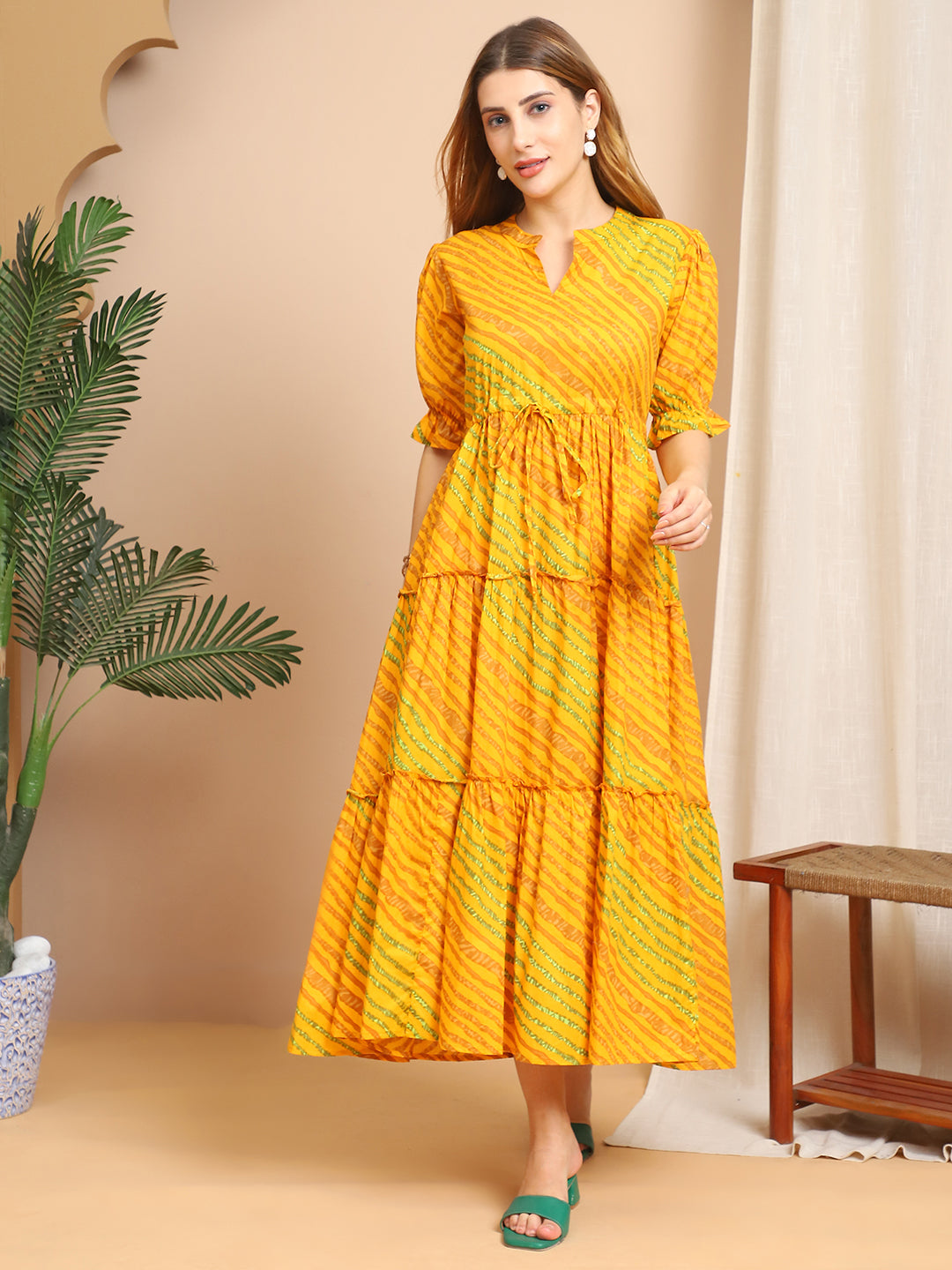 Aawari Yellow & Green Striped Cotton Tiered Maxi Dress - Dresses / Maxi Dresses / Western Wear