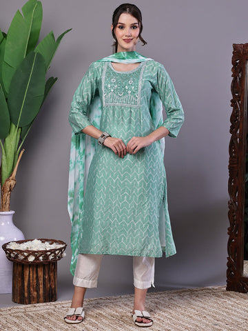 Aawari Mint Green Chanderi Embroidered Kurta Set with Dupatta - Suit Sets