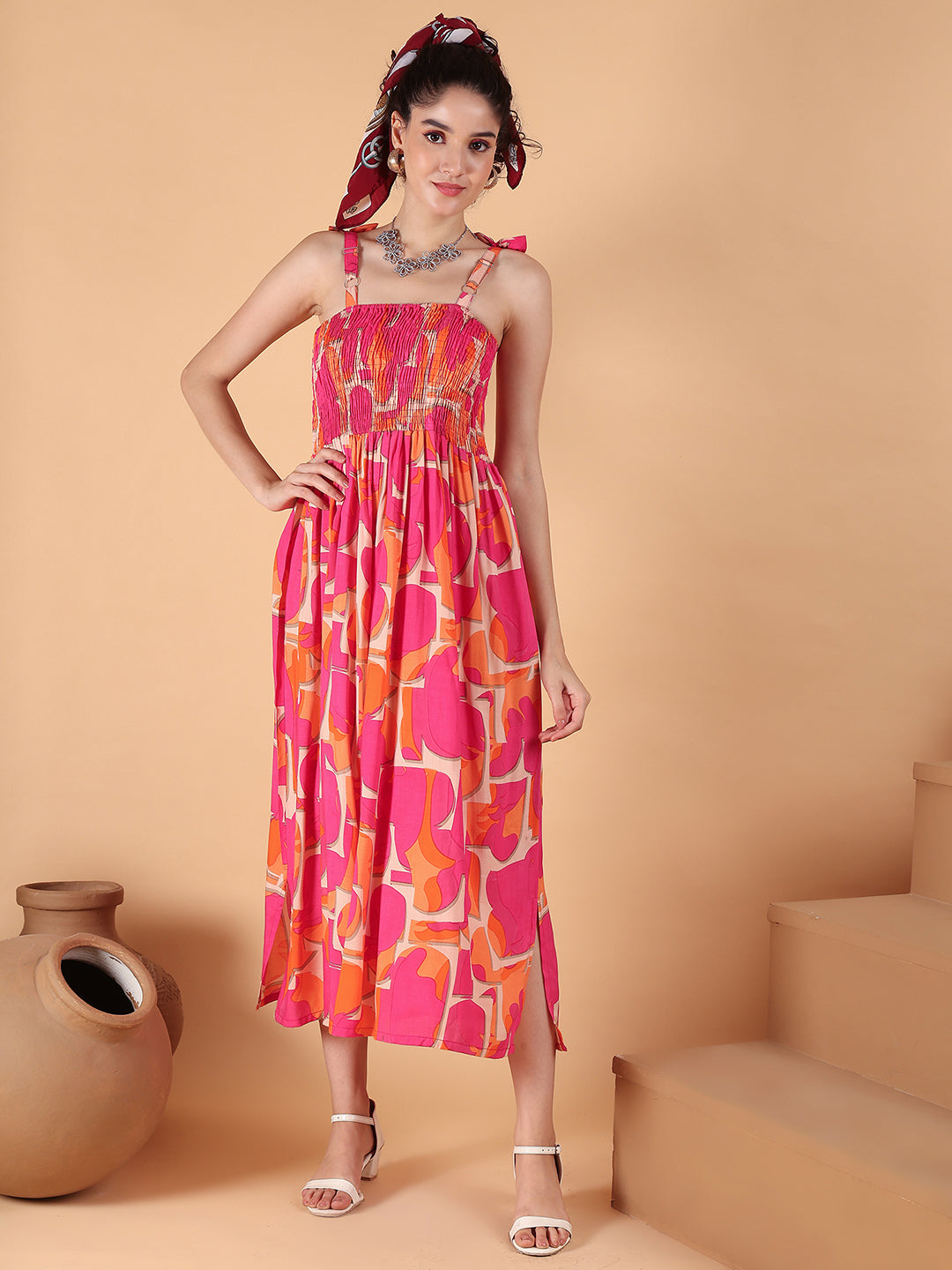 Aawari Pink & Orange Abstract Print Smocked Rayon Midi Dress - Women's Western Wear