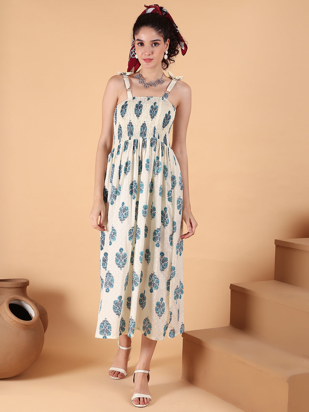 Aawari Elegant Cream & Blue Printed Printed Cotton Bobbin dress with Tie-Up Straps - Western Wear