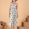 Aawari Elegant Cream & Blue Printed Printed Cotton Bobbin dress with Tie-Up Straps - Western Wear