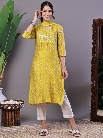 Aawari Mustard Yellow Chevron Print Chanderi Kurta Set with Mirror Work - Suit Sets