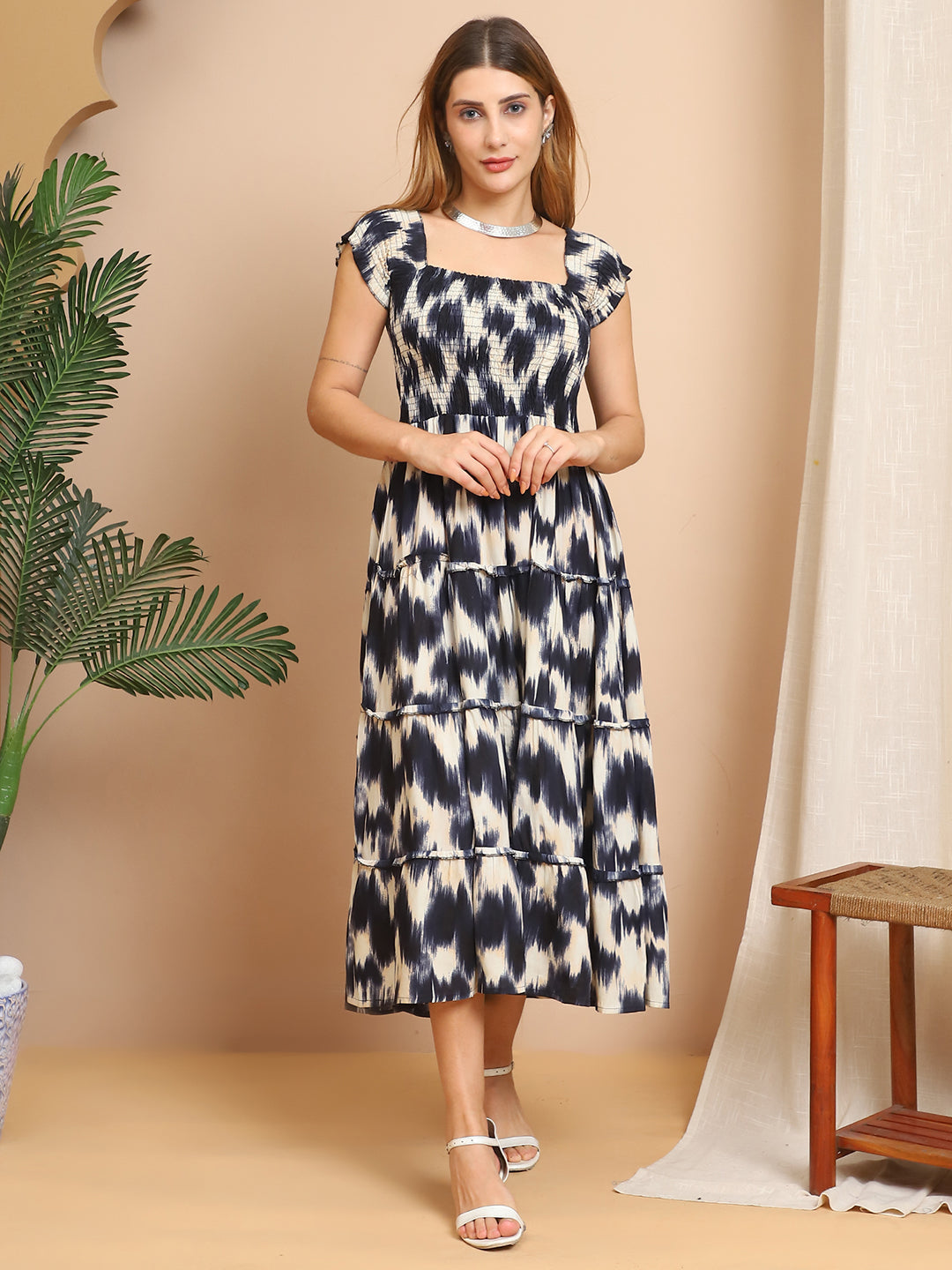 Aawari Black & White Ikat Print Rayon Smocked Dresses / Maxi Dresses / Western Wear