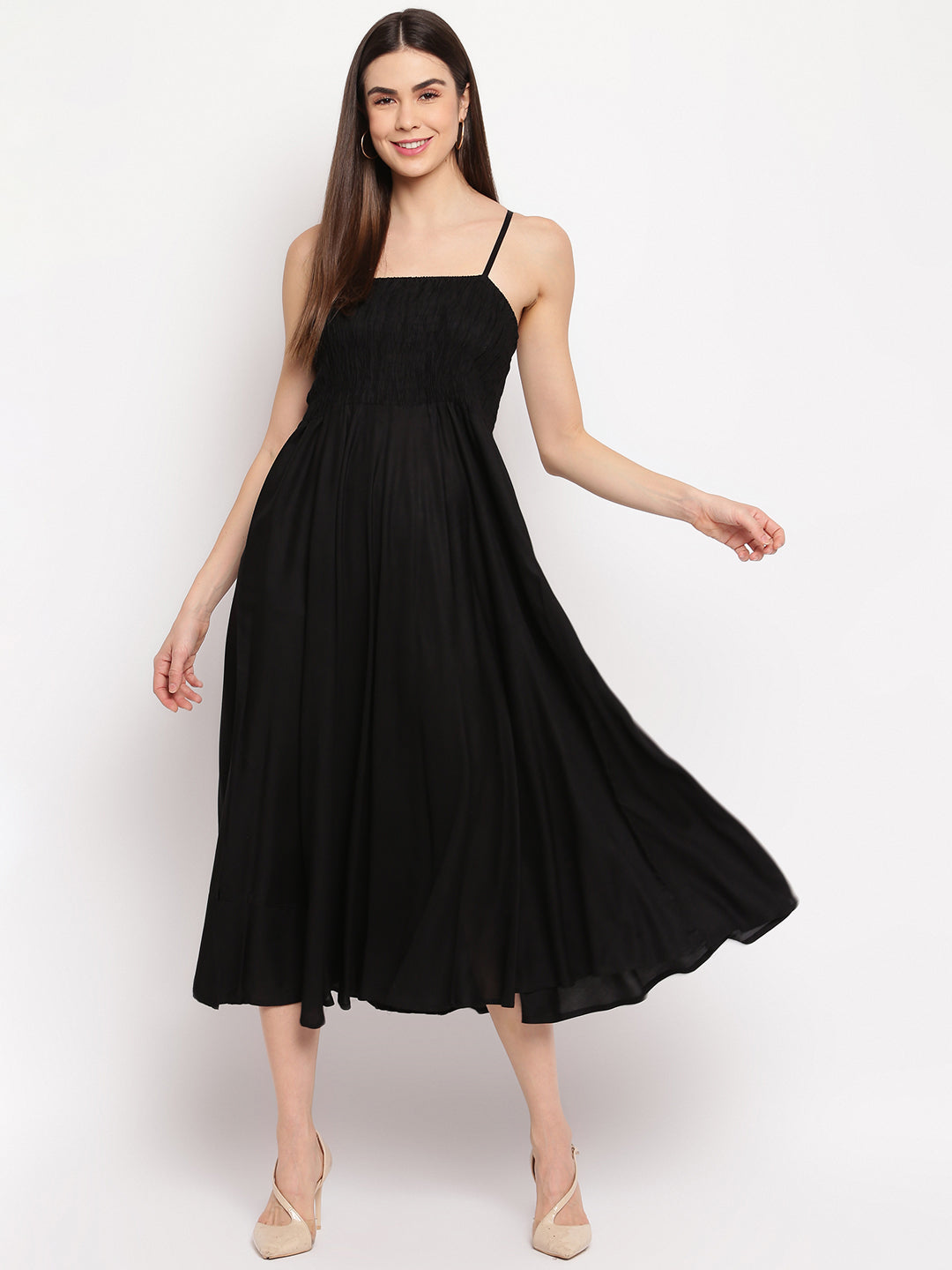 Black Rayon Smocked Midi Dress - Elegant Sleeveless A-Line Western Wear Outfit