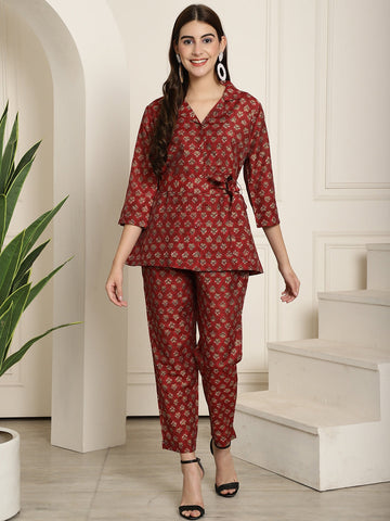 Maroon Gold Printed Chanderi Co-ord Sets with Wrap Top & Straight Pants