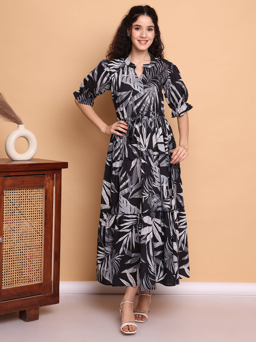 Aawari Women’s Black & White Leaf Print Maxi Dresses - Stylish Long Dress for casual & Party Wear Dresses / Western Wear
