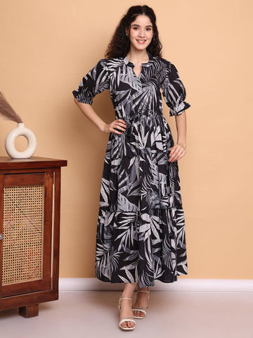 Aawari Women’s Black & White Leaf Print Maxi Dresses - Stylish Long Dress for casual & Party Wear Dresses / Western Wear