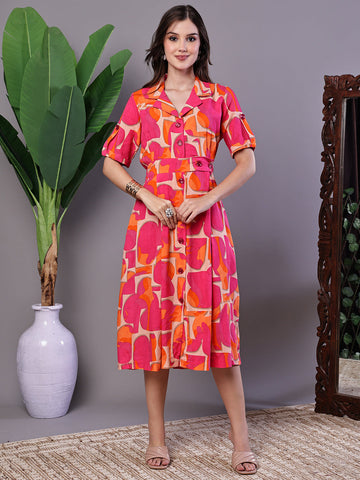 Aawari Pink & Orange Abstract Print Cotton Shirt Dress - Midi Dresses / Western Wear / Dresses