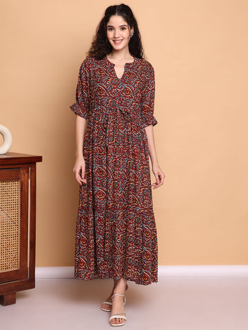 Aawari Boho Printed Maxi Dresses with Half Sleeves and Drawstring Waist / Dresses / Western Wear