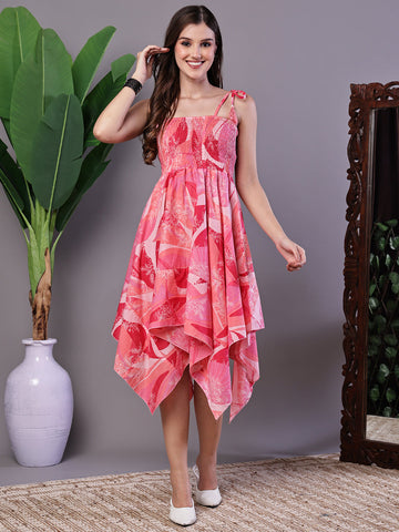 Aawari Pink Printed Cotton Handkerchief Hem Midi Dress - Midi Dresses / Western Wear