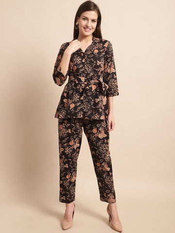 Aawari Women's Black & Beige Floral Printed Cotton Wrap-Style Co-ord Set - Co-ord Sets / Western Wear