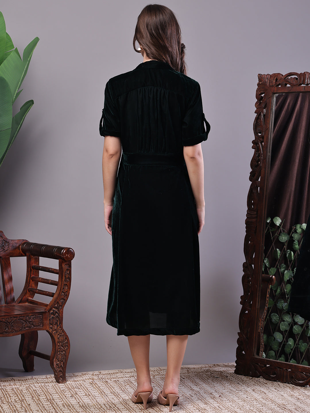 Aawari Bottle Green Velvet Shirt Style Midi Dress with Belt - Midi Dresses / Western Wear / Dresses
