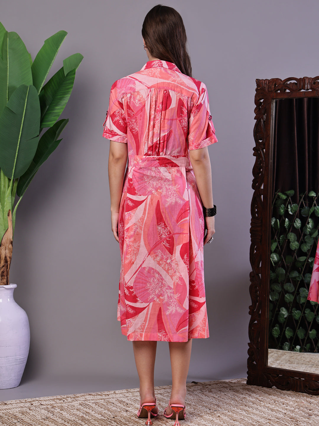 Aawari Pink Printed Cotton Midi Shirt Dress
