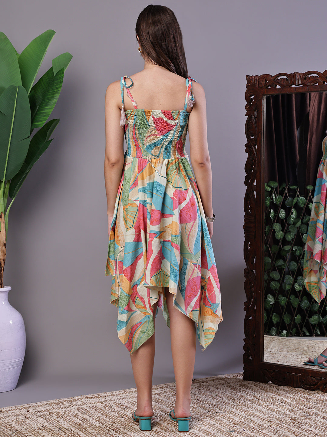 Aawari Multicolor Junglee Print Handkerchief Hem Cotton Dress - Midi Dresses / Western Wear